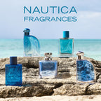 Nautica Pure Blue everyday long lasting men's deodorant highlighting eucalyptus and vanilla notes