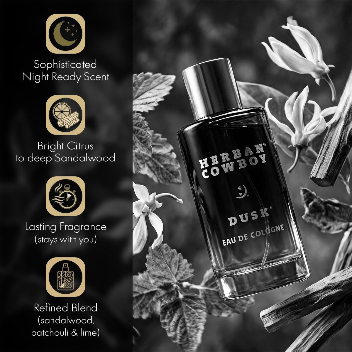Herban Cowboy Dusk fragrance bottle on wooden surface