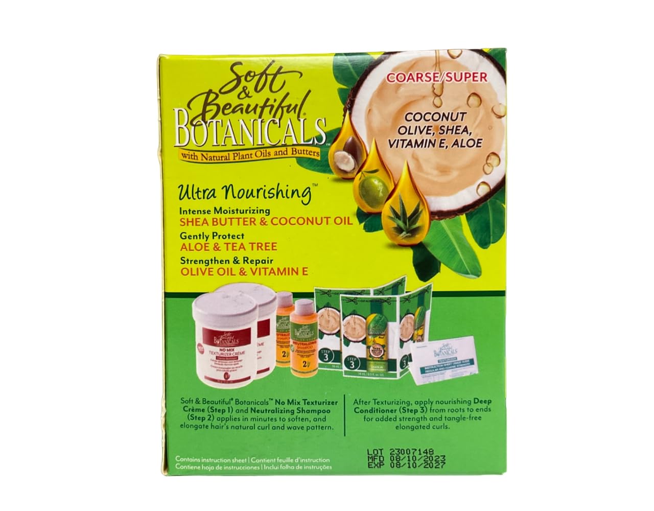 Soft And Beautiful botanical hair texturizing kit for sensitive scalps showing application ingredients