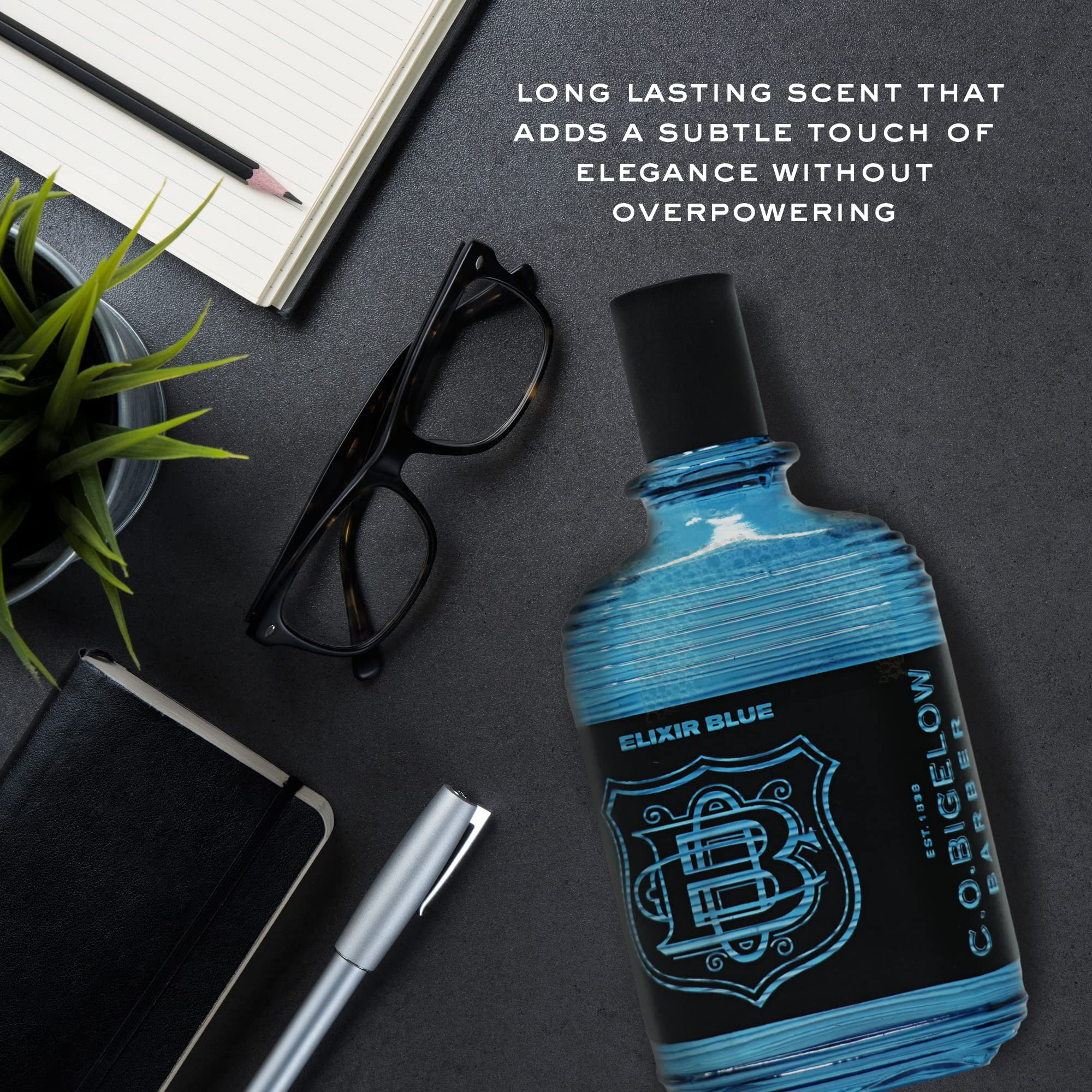 Side profile of C.O. Bigelow Elixir Blue bottle