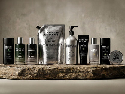 Close up of Herban Cowboy Dusk cologne bottle branding