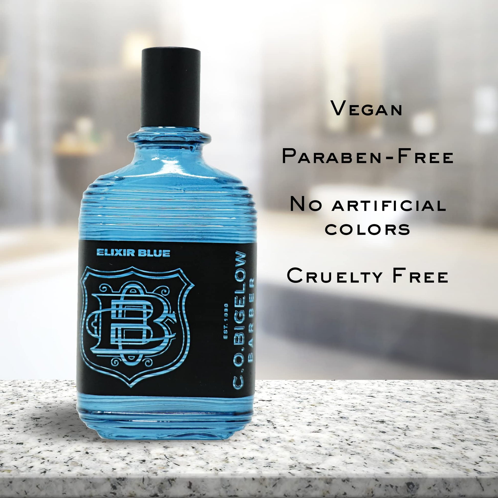 C.O. Bigelow Elixir Blue glass bottle design