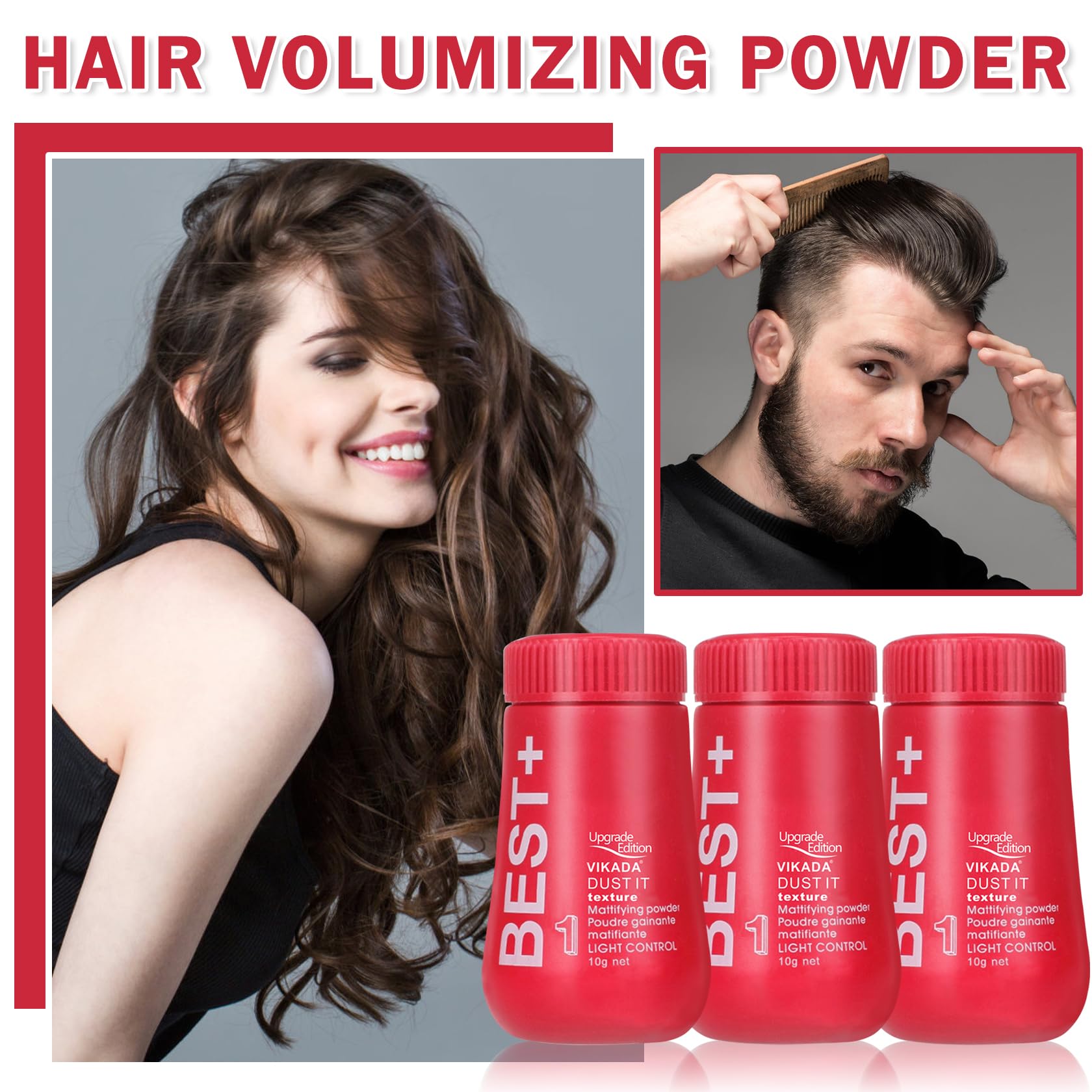 Three red bottles of POPOTIM hair powder showcasing the light control upgrade edition packaging