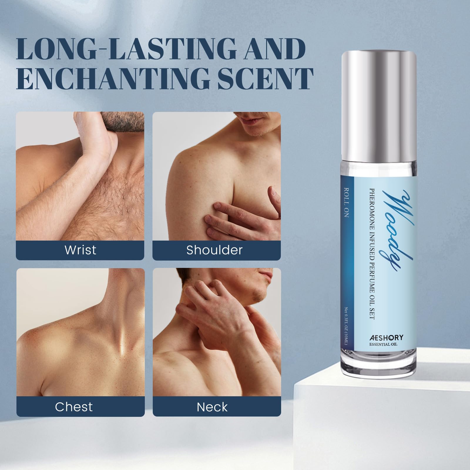 Close up of Aeshory pheromone perfume packaging and bottles