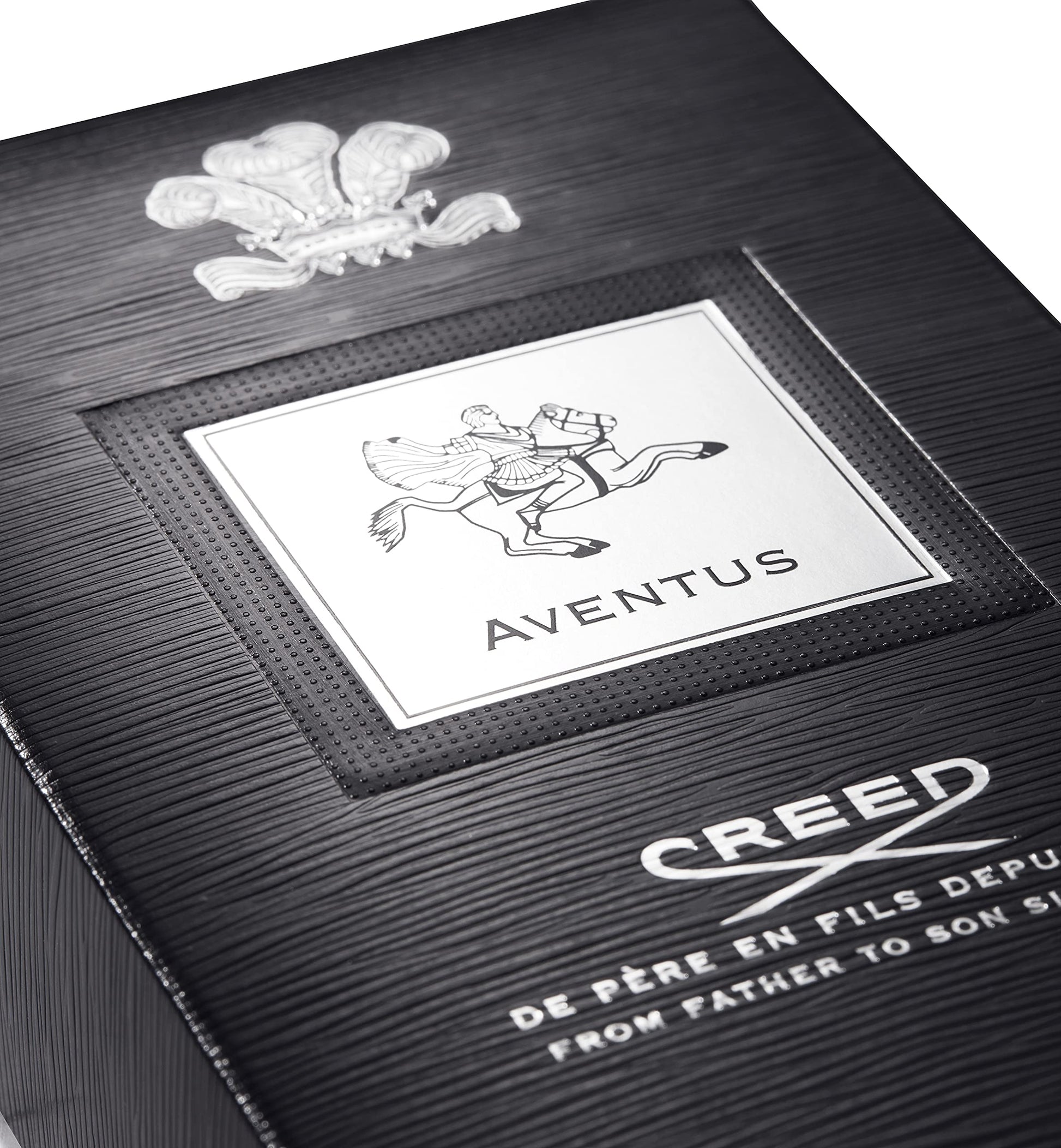 Side profile of Creed Aventus men's cologne bottle