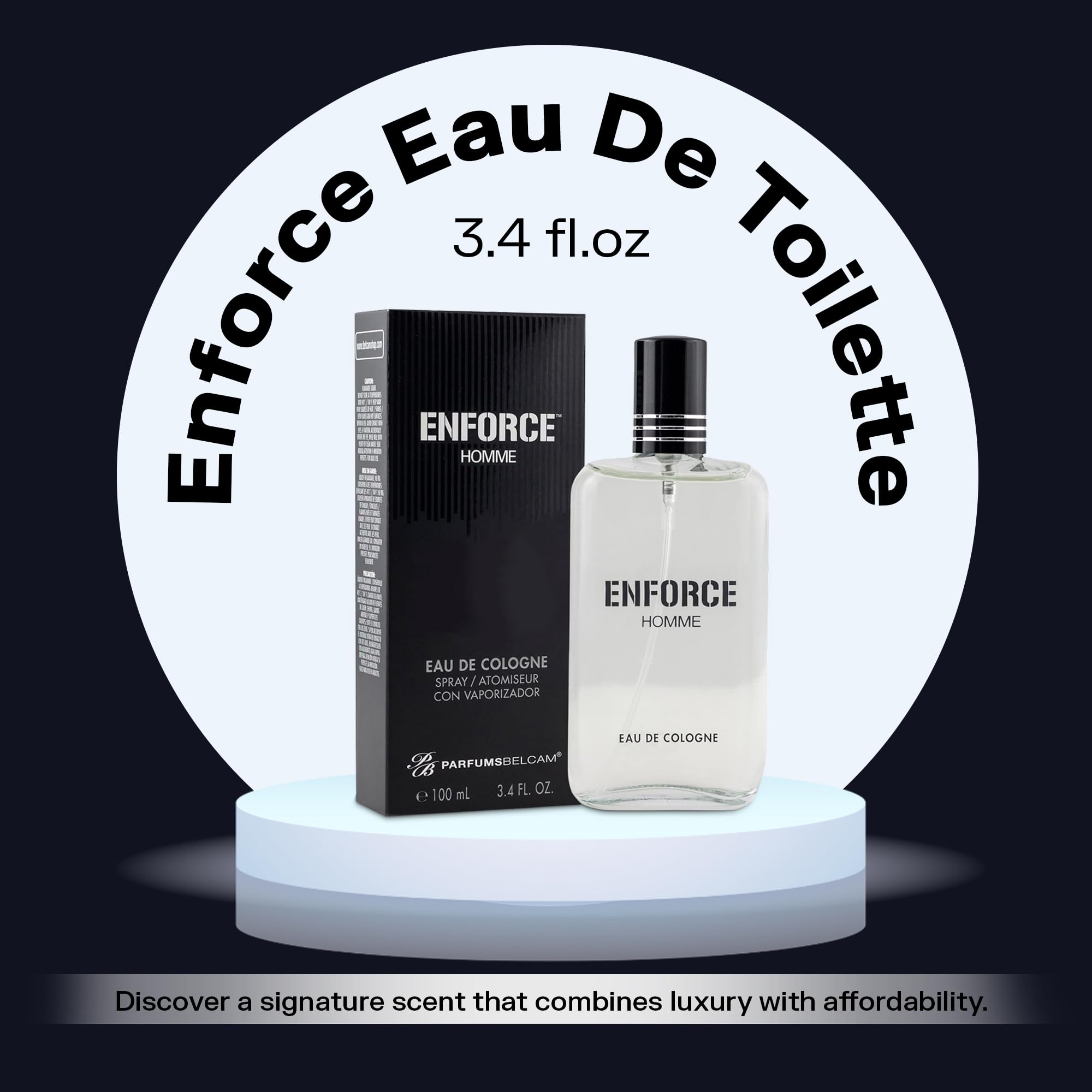 PB ParfumsBelcam Enforce Homme 3.4 Fluid Ounce packaging and spray bottle cap details