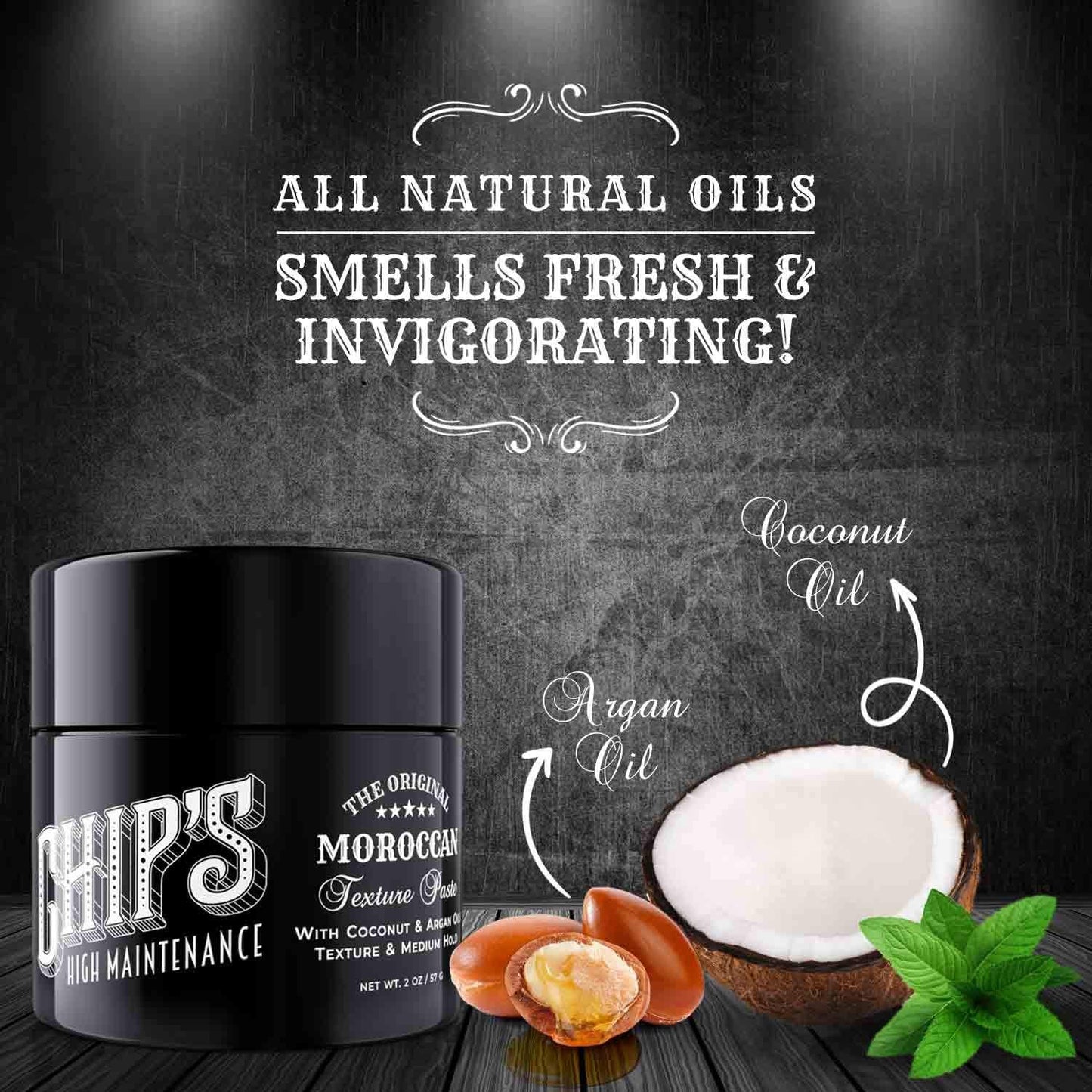 Side angle of Chip's High Maintenance 2 Ounce Moroccan texture paste packaging