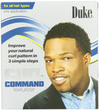 Side angle of the Duke Curl Command Texturizer retail box displaying the 3 step application instructions.