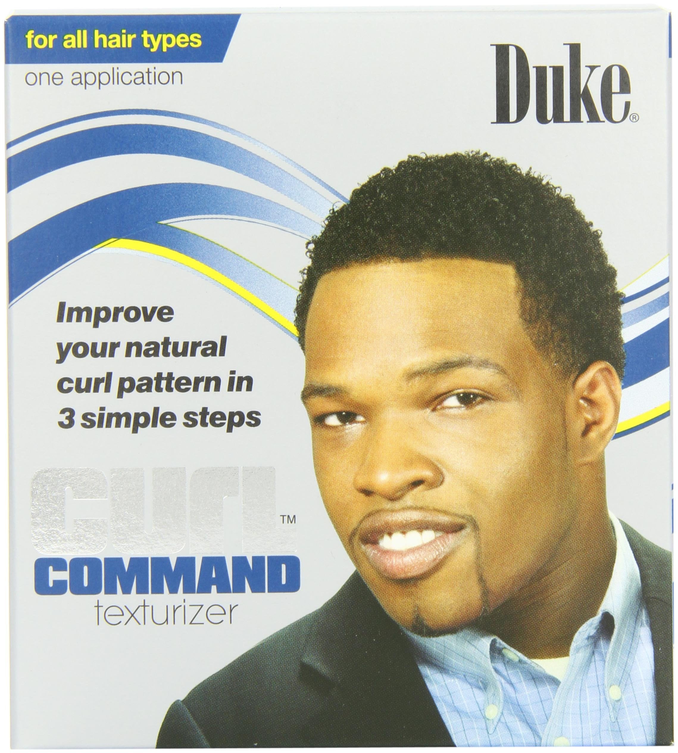 Side angle of the Duke Curl Command Texturizer retail box displaying the 3 step application instructions.