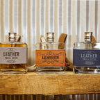 Close up of Leather Private Reserve cologne branding on glass bottle