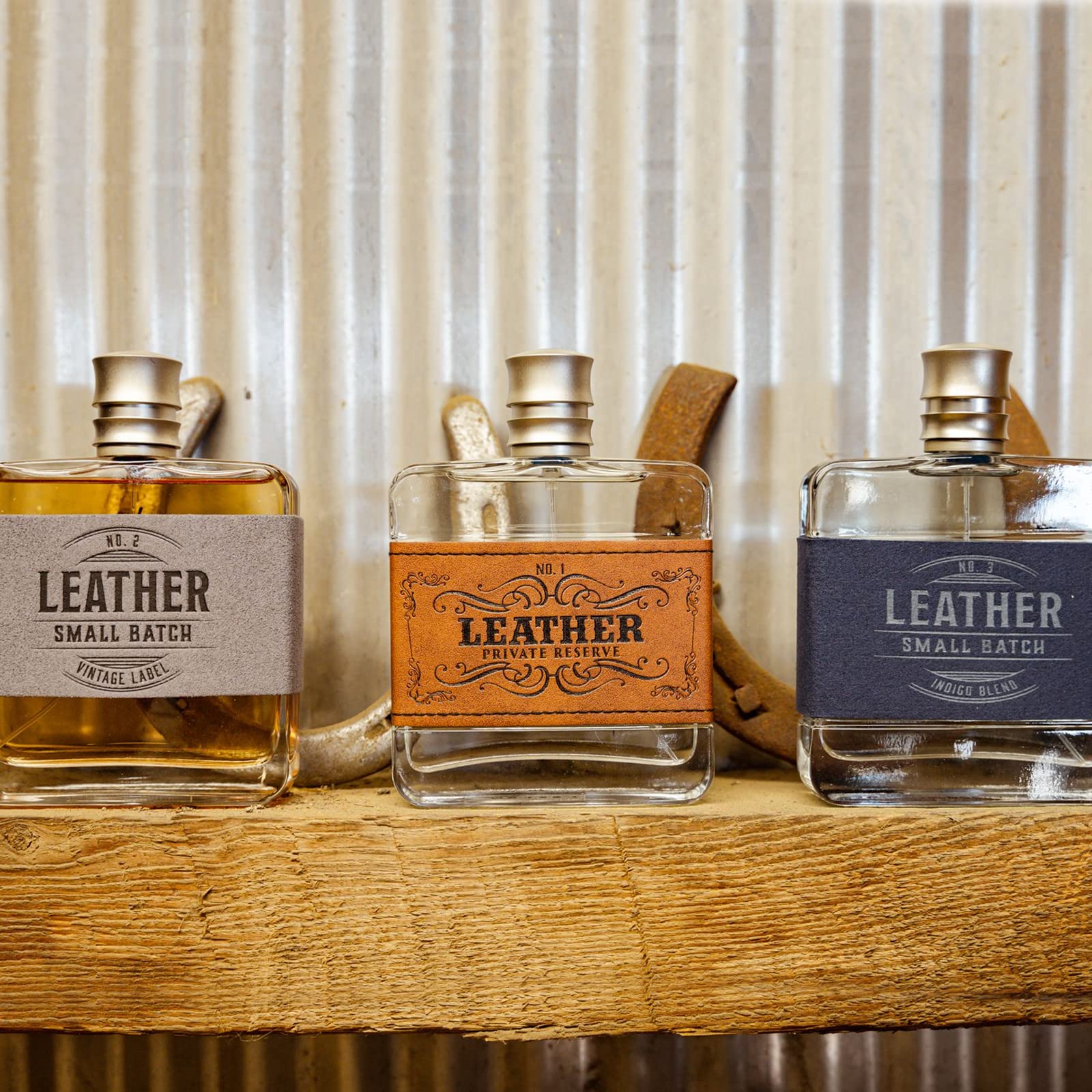 Close up of Leather Private Reserve cologne branding on glass bottle