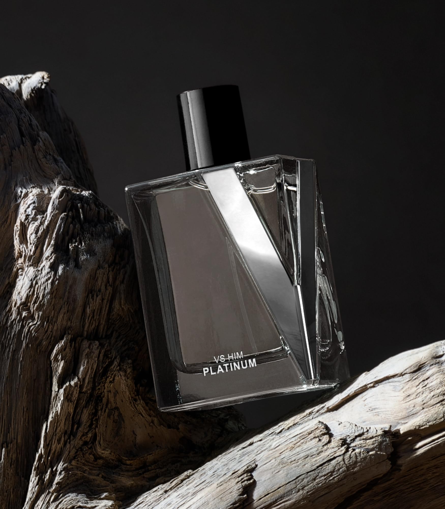 Elegant glass bottle design of VS Him Platinum men's cologne