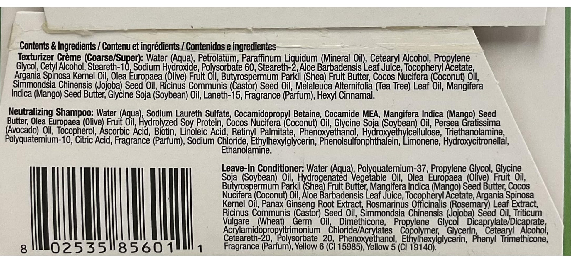 Soft And Beautiful Botanicals hair texturizer ingredients list featuring natural plant oils and butter.