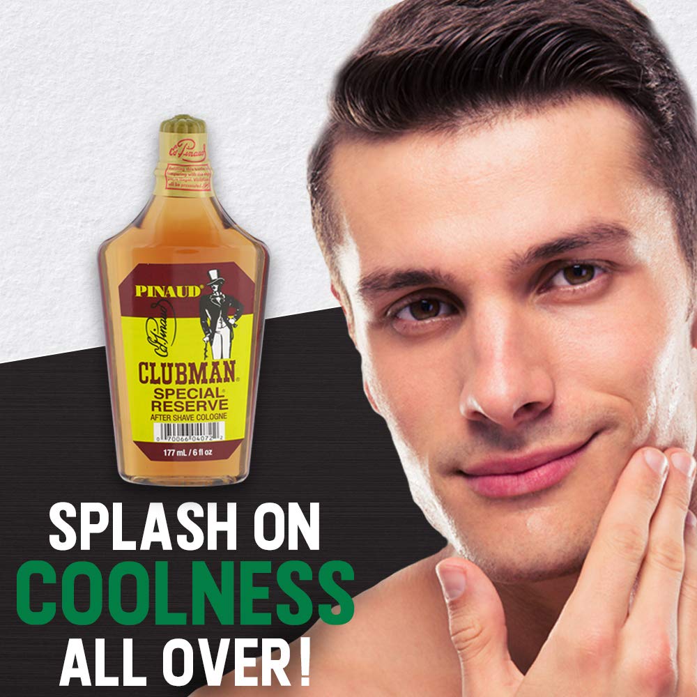 Clubman Special Reserve 6 fluid ounce bottle highlighting classic barbershop fragrance liquid.