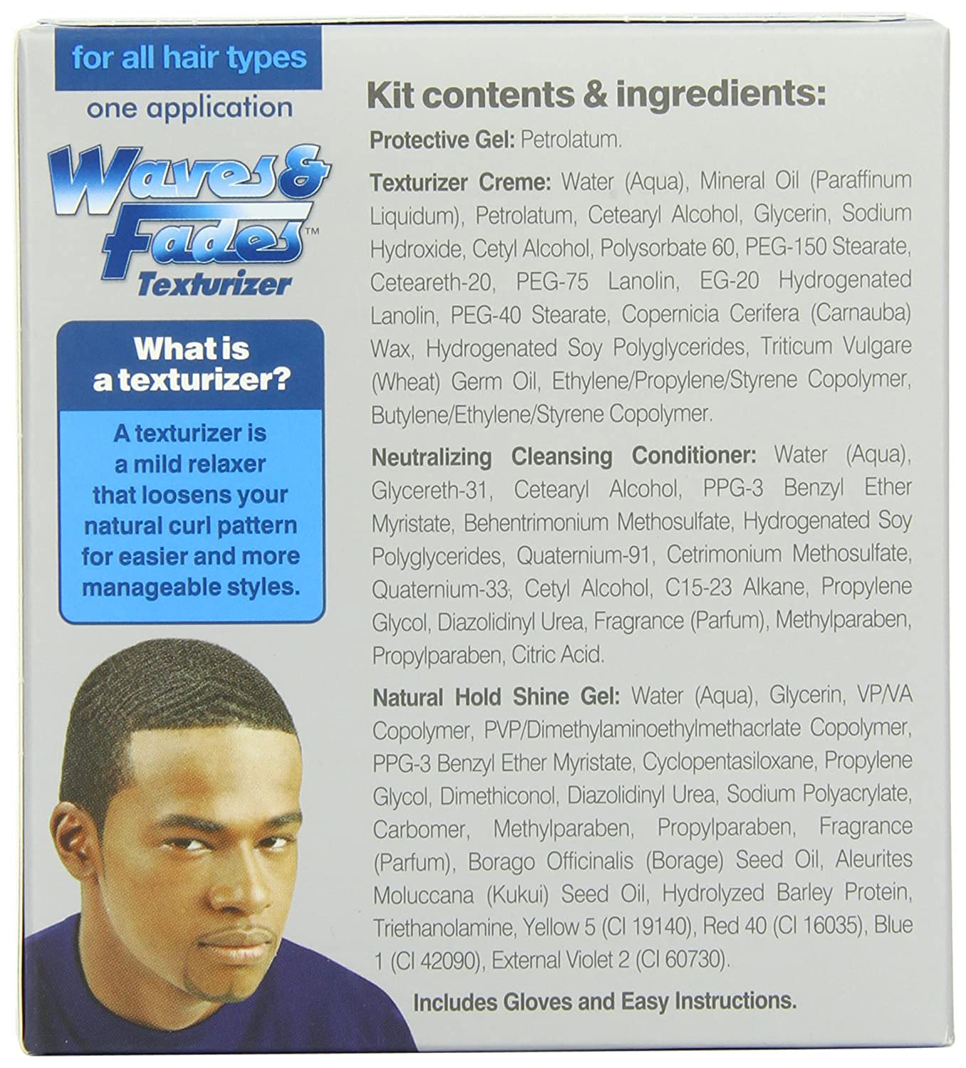 Side view of the Duke texturizer box detailing product benefits and hair type compatibility.