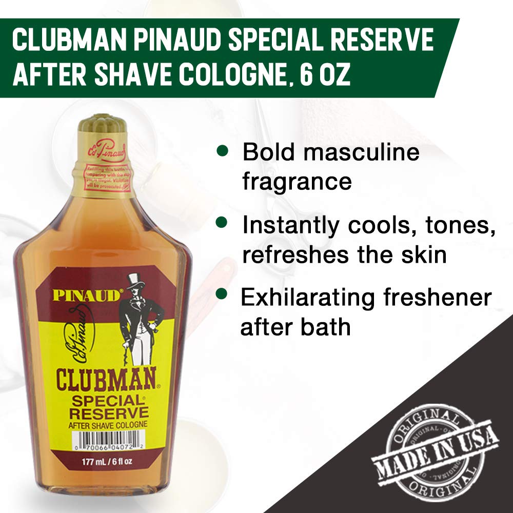 Back label of Clubman Pinaud Special Reserve showing product volume and usage instructions.