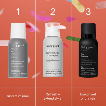 Living Proof flexible medium hold hairspray travel size container on a clean background.
