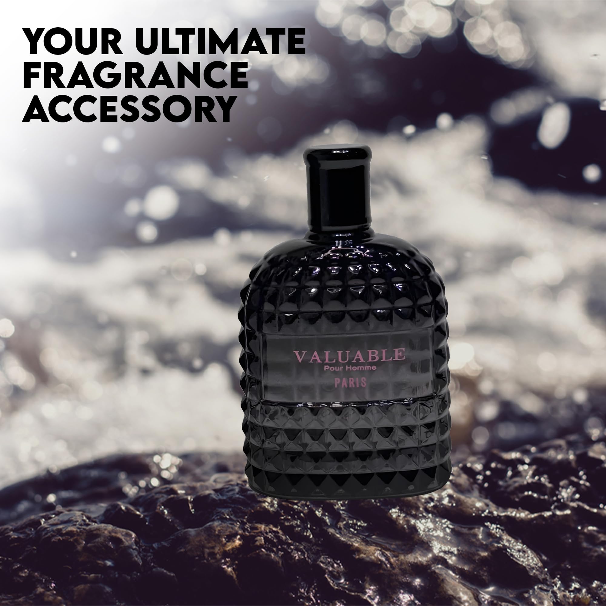 Premium glass bottle design for Fragrance Couture men's cologne collection.