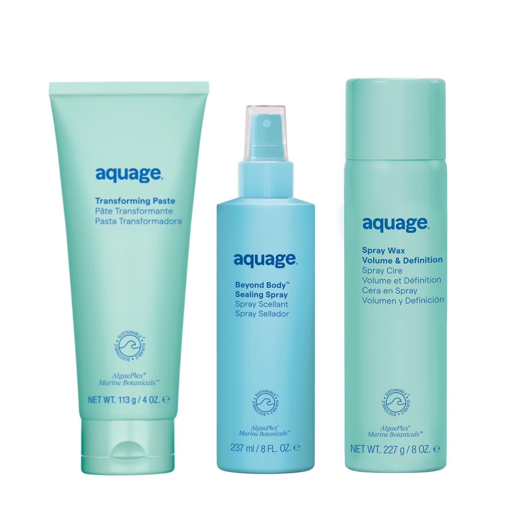 Aquage salon professional texturizing paste and volumizing sprays in recyclable packaging for premium hair care.