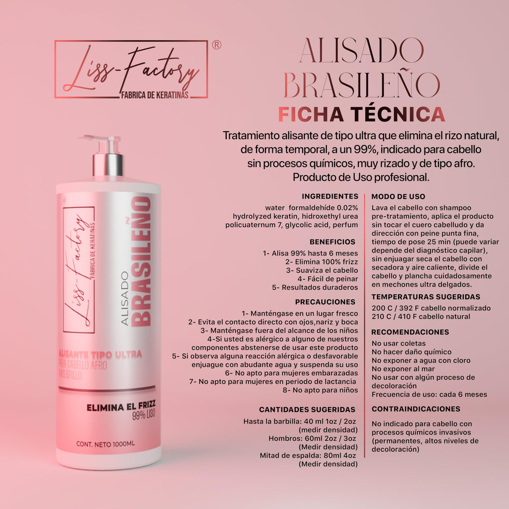 Liss-Factory Alisado Brasileno hair treatment bottle showcasing volume and afro hair smoothing benefits