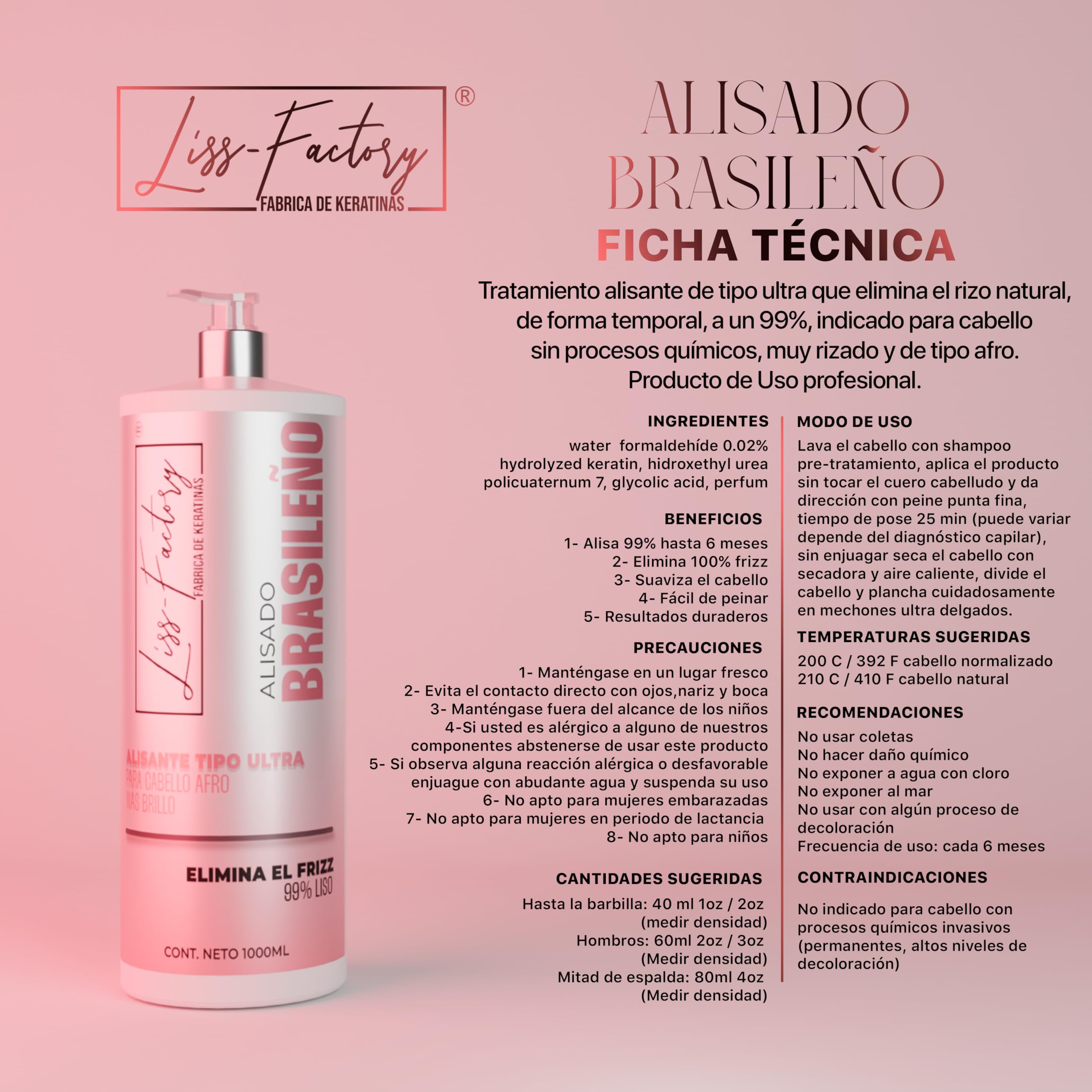 Liss-Factory Alisado Brasileno hair treatment bottle showcasing volume and afro hair smoothing benefits