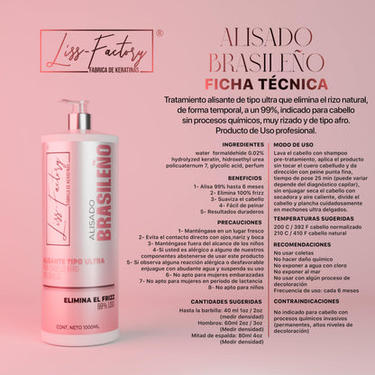 Liss-Factory Alisado Brasileno hair treatment bottle showcasing volume and afro hair smoothing benefits