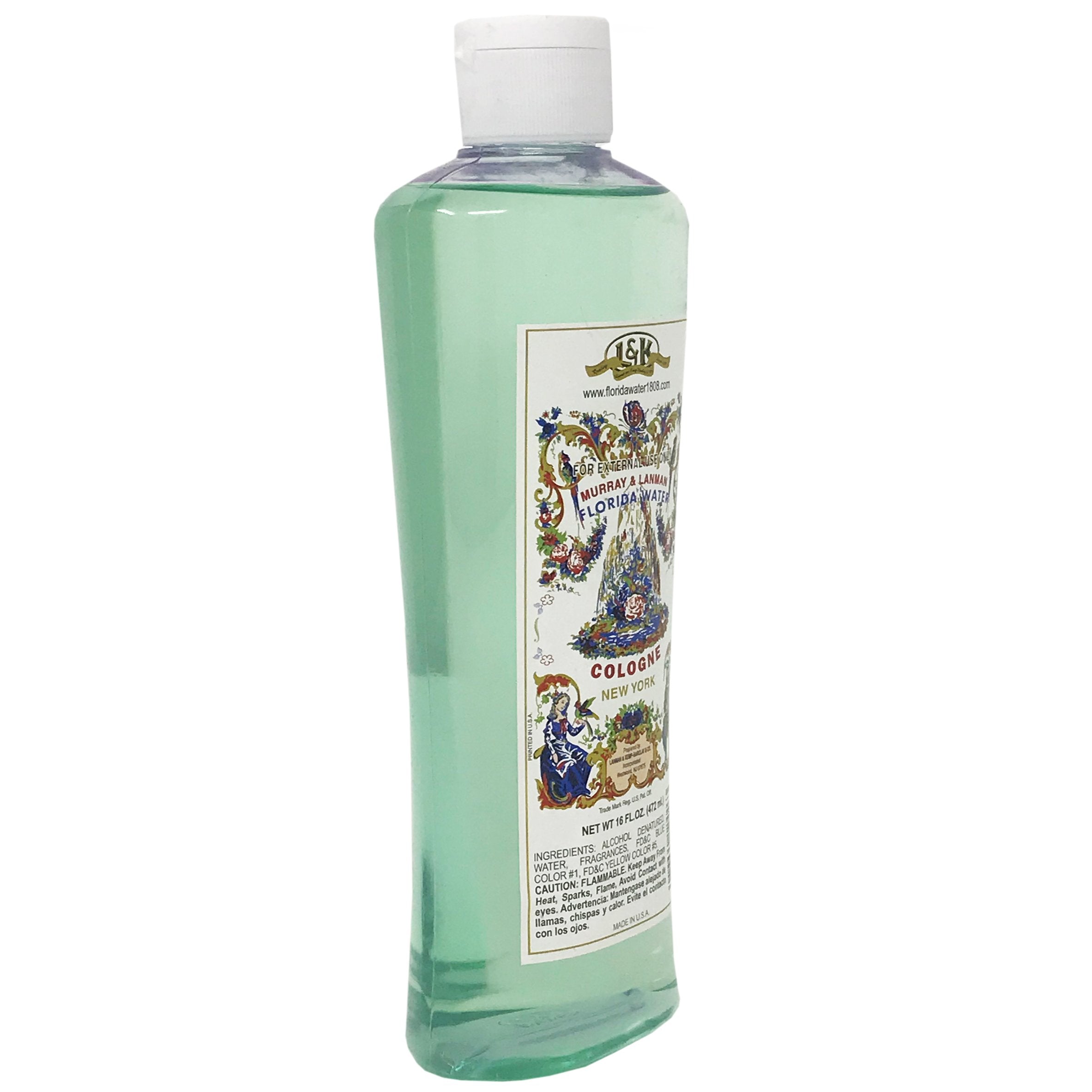 Authentic USA imported Murray and Lanman Florida Water 16 Fluid Ounce multi purpose splash displaying the amber liquid clarity