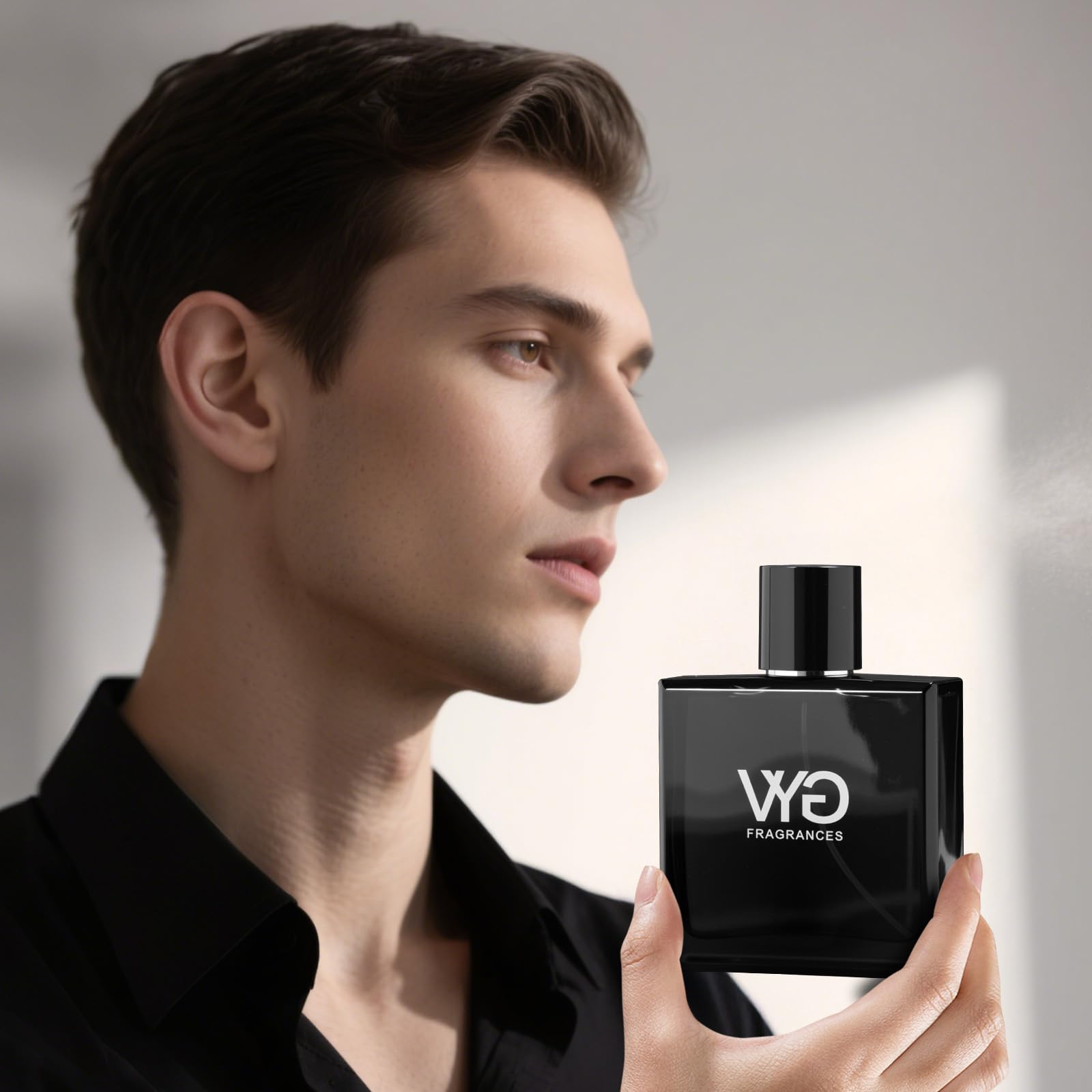 Close up of Vyg brand logo on men's pheromone cologne bottle