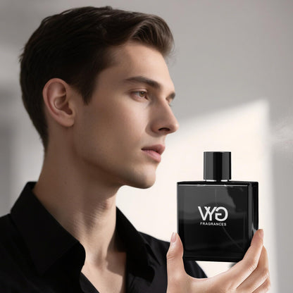 Close up of Vyg brand logo on men's pheromone cologne bottle