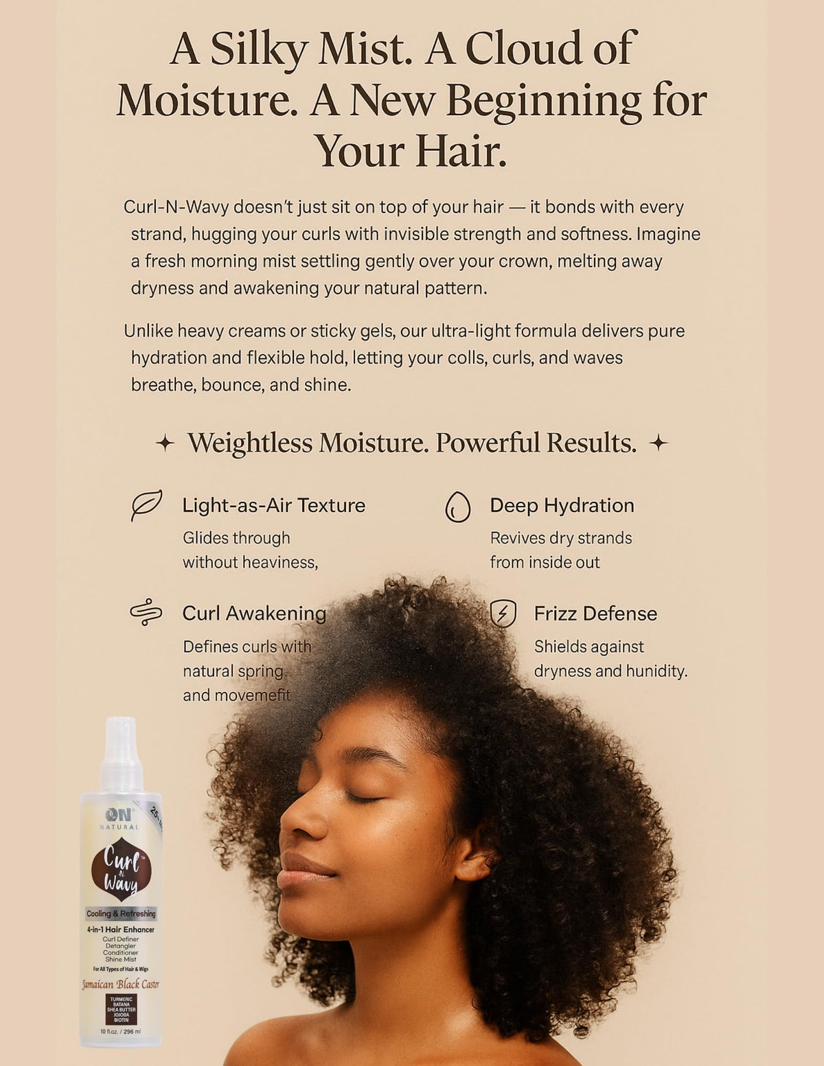 Close up of On Natural hair mist bottle ingredients and branding