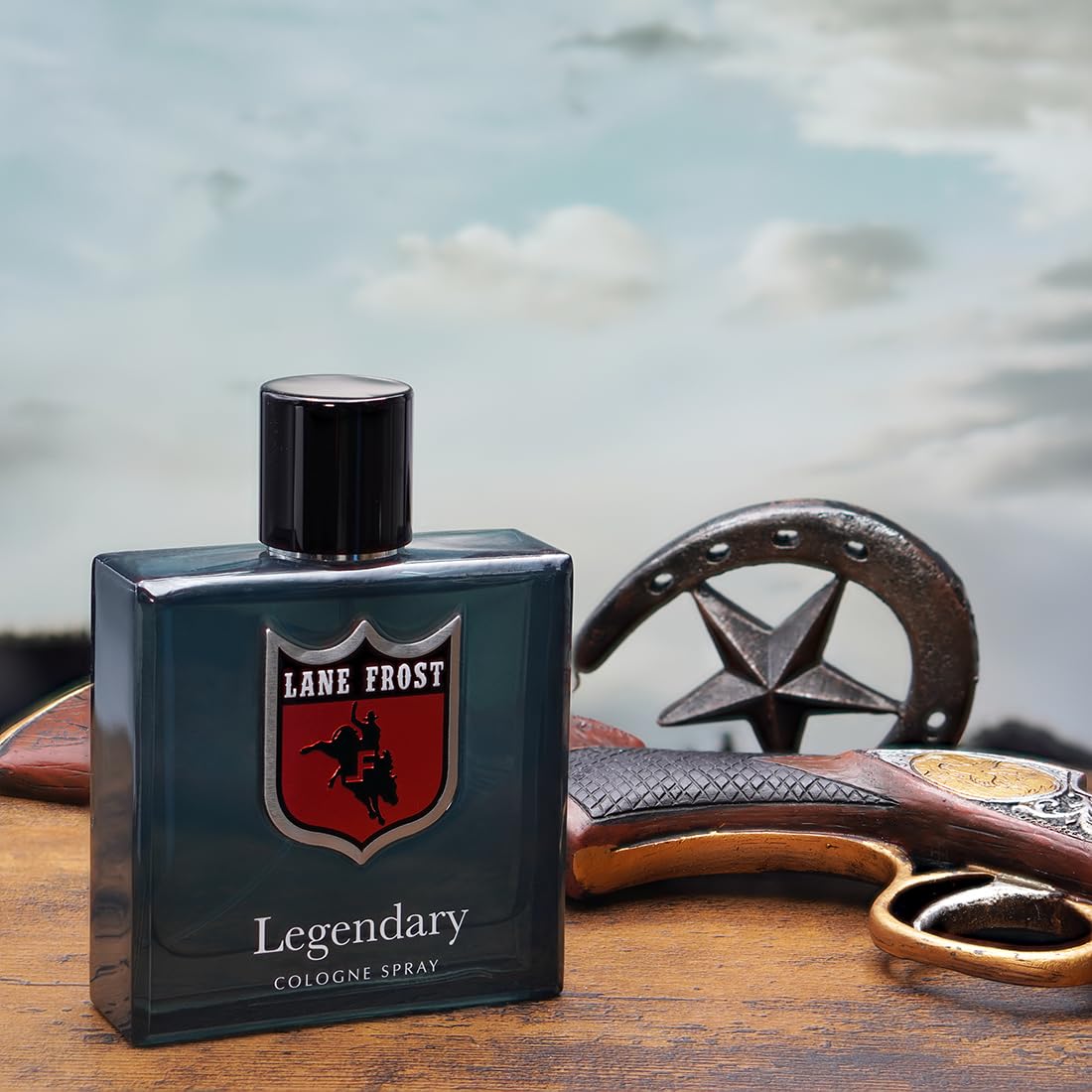 Side profile of Lane Frost Legendary Cologne 100 milliliter bottle