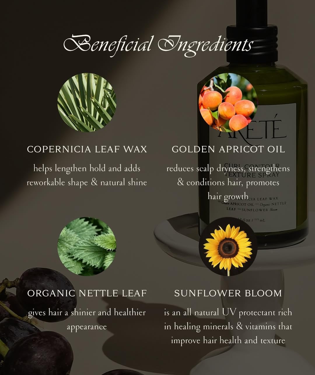 Back of Areté curl contour spray bottle showing ingredients