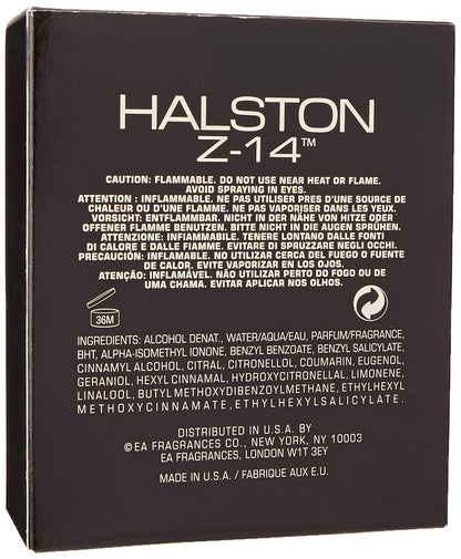 Halston Z-14 masculine woody and mossy cologne spray packaging details