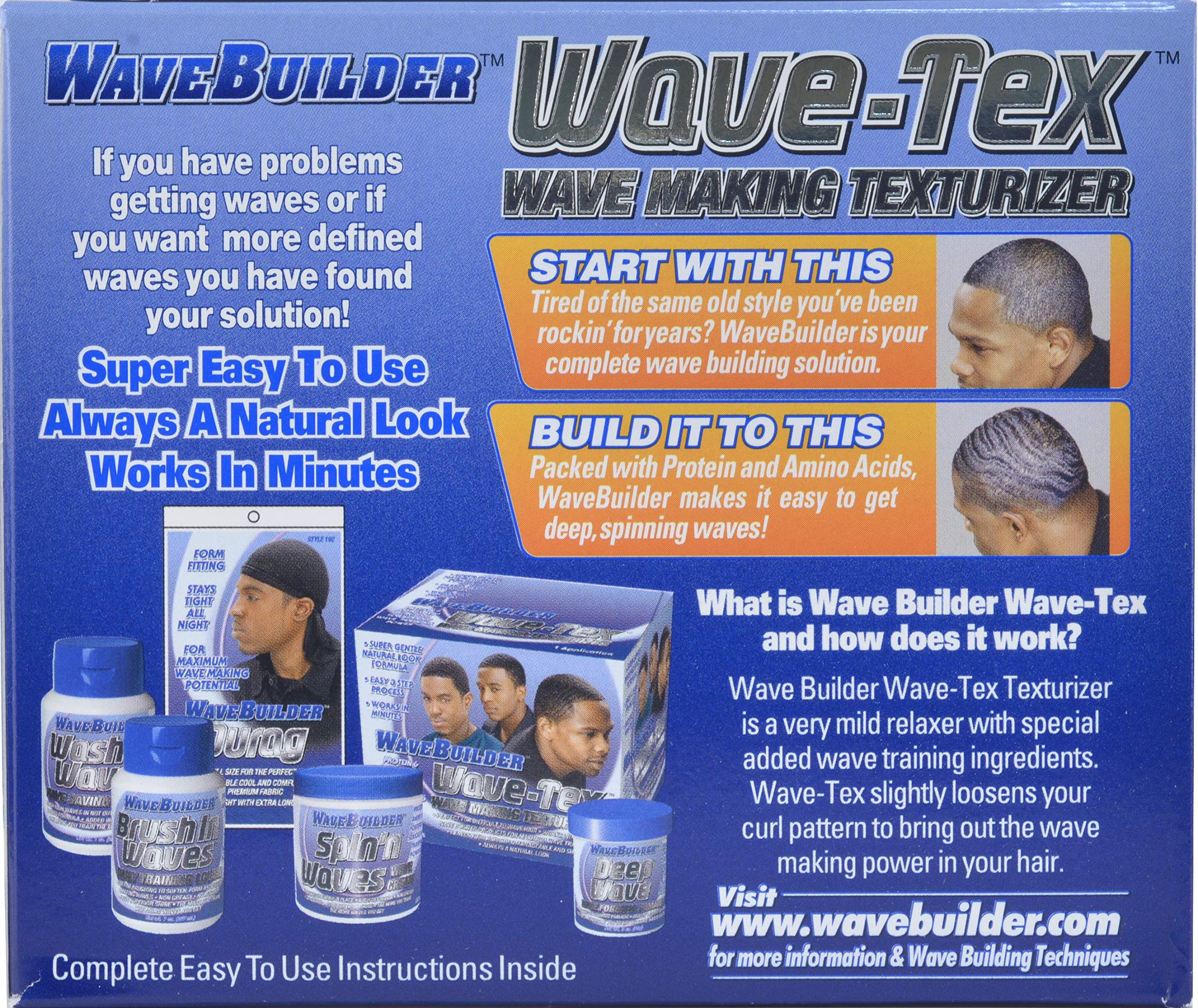 Side view of Wavebuilder texturizer packaging displaying directions and hair type suitability guide.