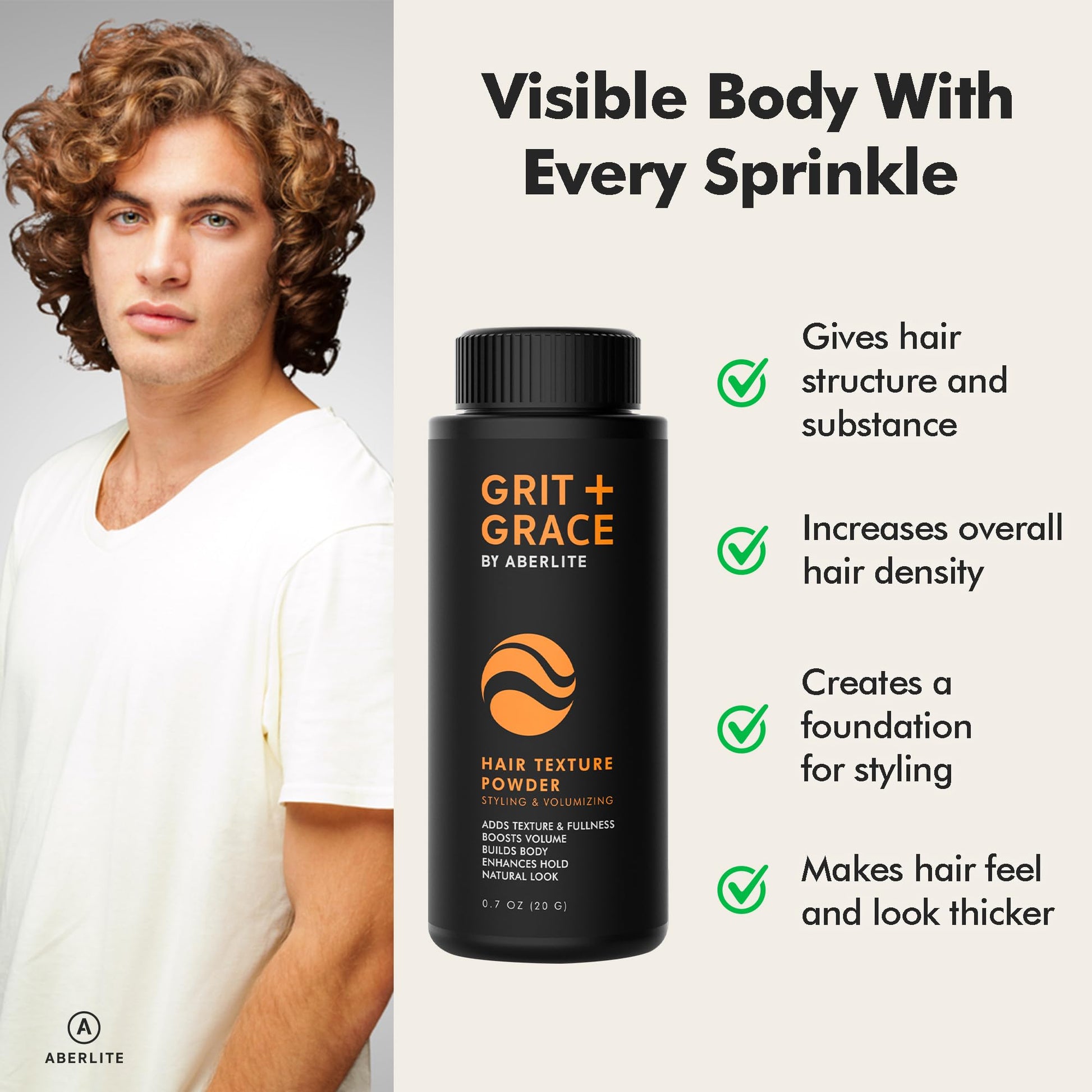 Side view of Aberlite matte finish volume powder bottle for men and women.