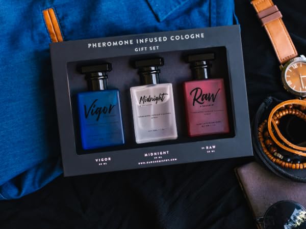 Three bottles of RawChemistry cologne including Vigor Midnight and Raw