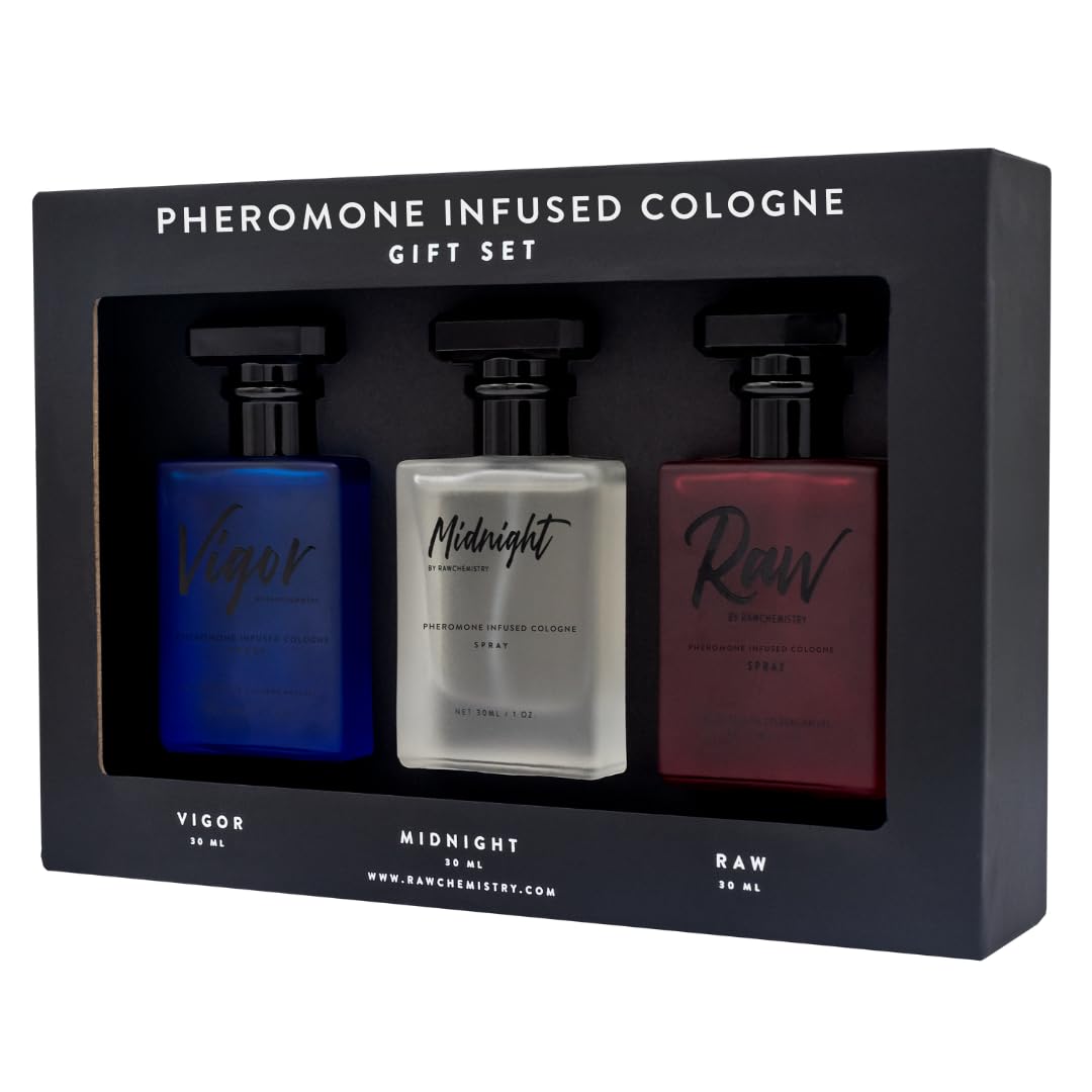 Close up of RawChemistry Vigor Midnight and Raw cologne bottles
