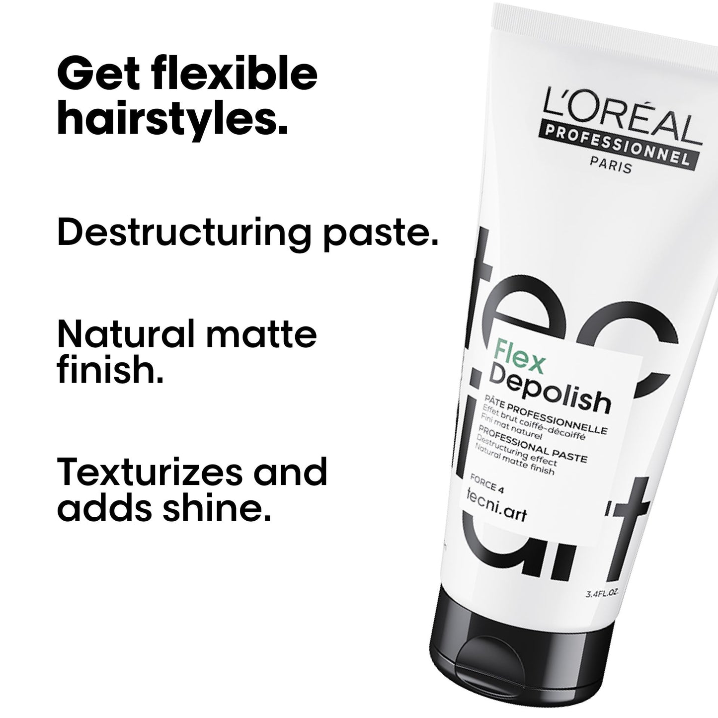 L'Oréal Professionnel Paris Tecni.ART Flex Depolish 3.4 fluid ounces container side view layout.