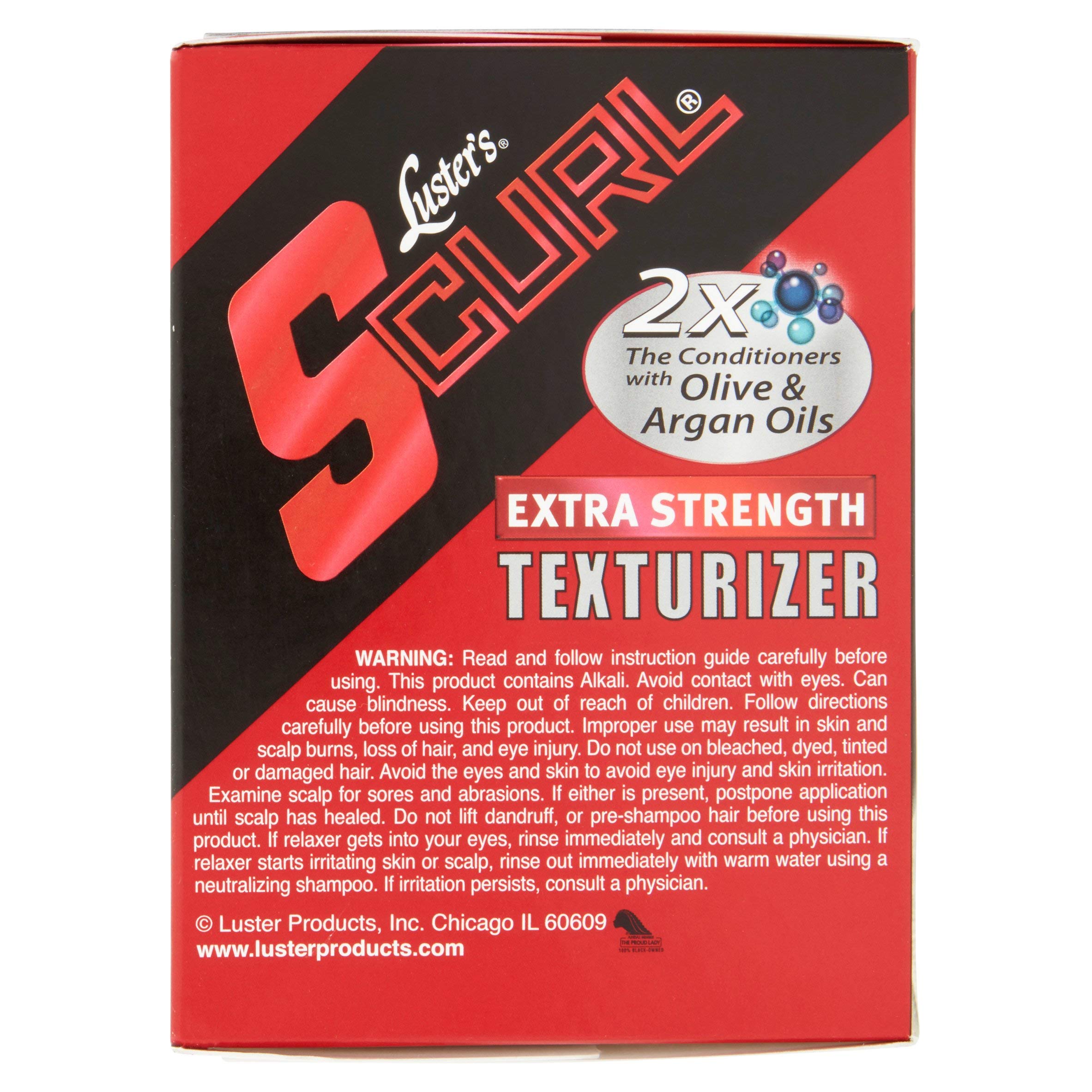 Luster S Curl Extra Strength Texturizer box showing olive and argan oil benefits for hair softness.