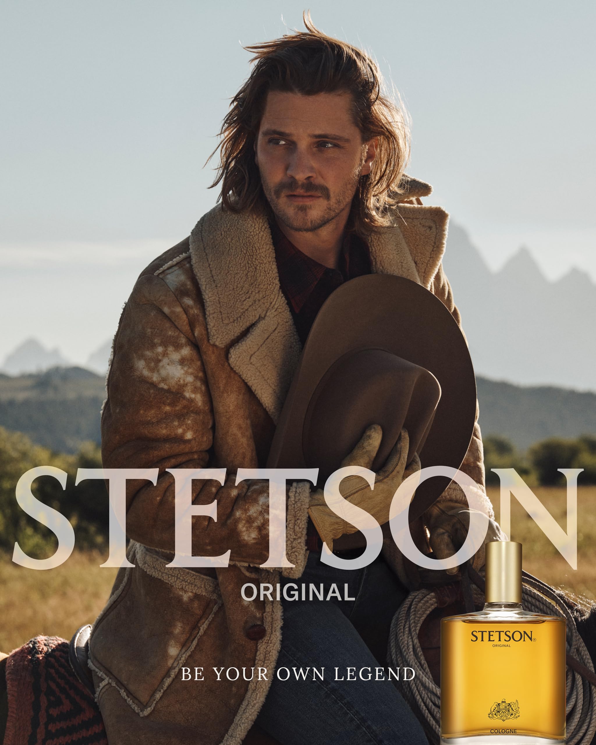 Side profile of Stetson Original cologne spray bottle highlighting the liquid color and product branding
