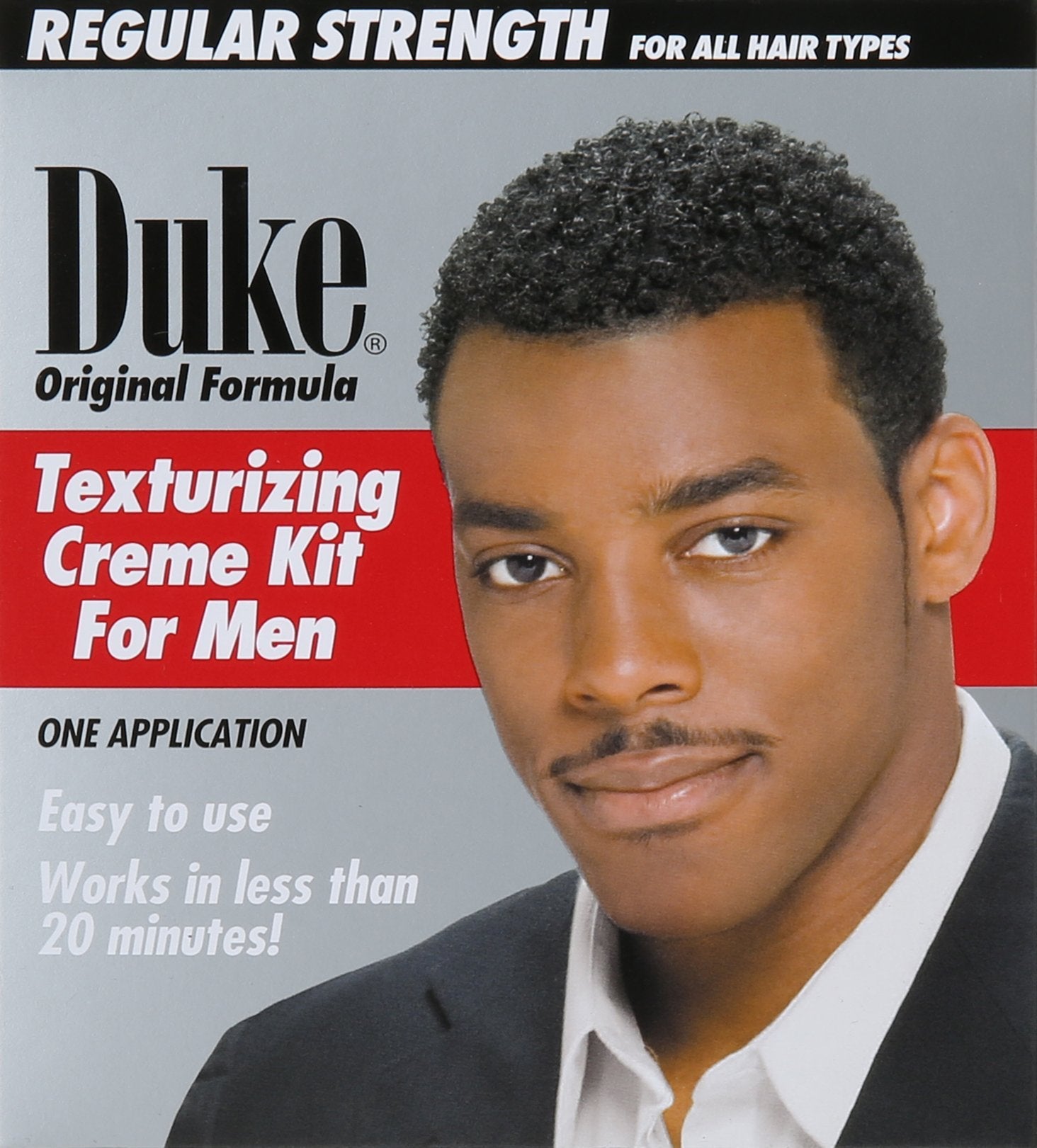 Side view of Duke regular strength texturizer box highlighting instruction details and kit features
