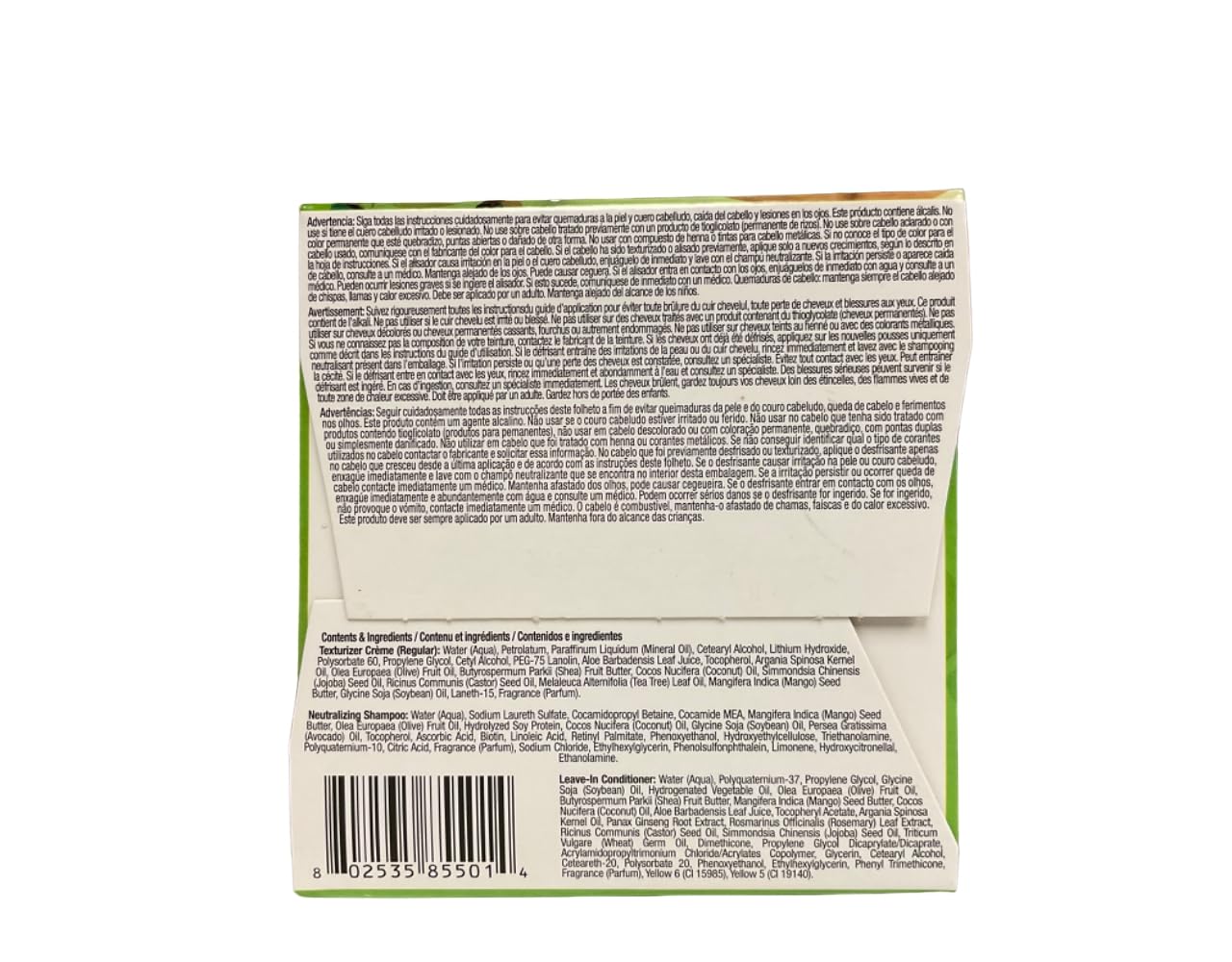 Back of Soft and Beautiful Botanicals Texturizer box with ingredient list