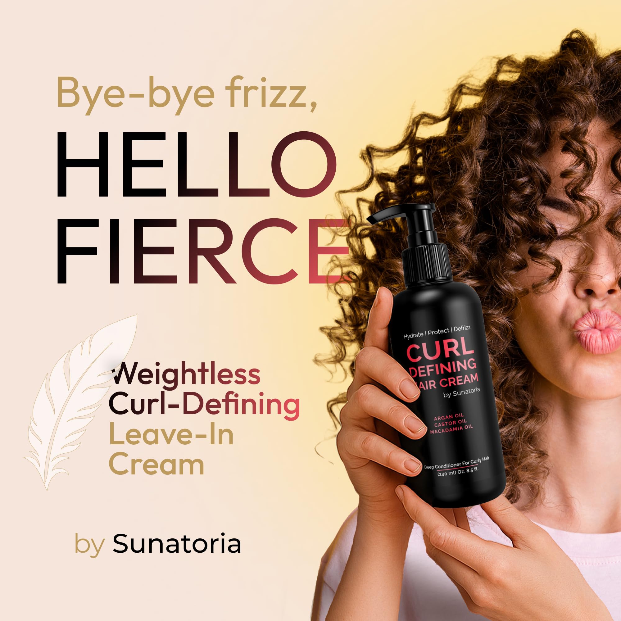 Sunatoria Curl Cream leave-in texturizer bottle displaying the anti-frizz moisturizer benefits and oil infusion details