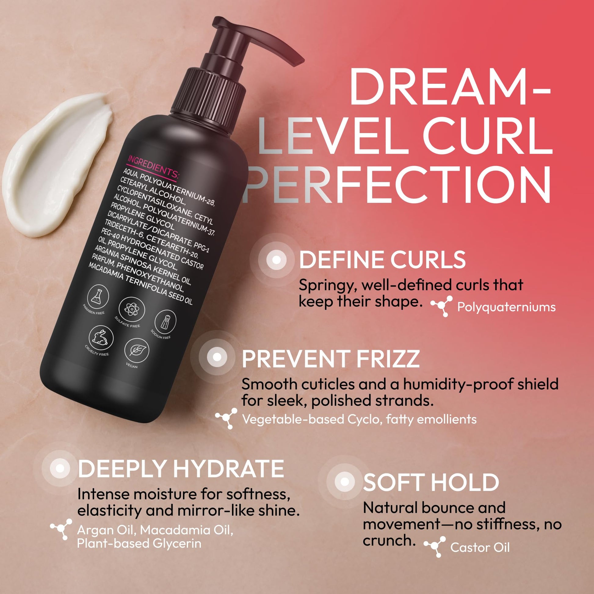 Back label of Sunatoria Curl Cream showing safety information, application steps, and product details for curly hair care