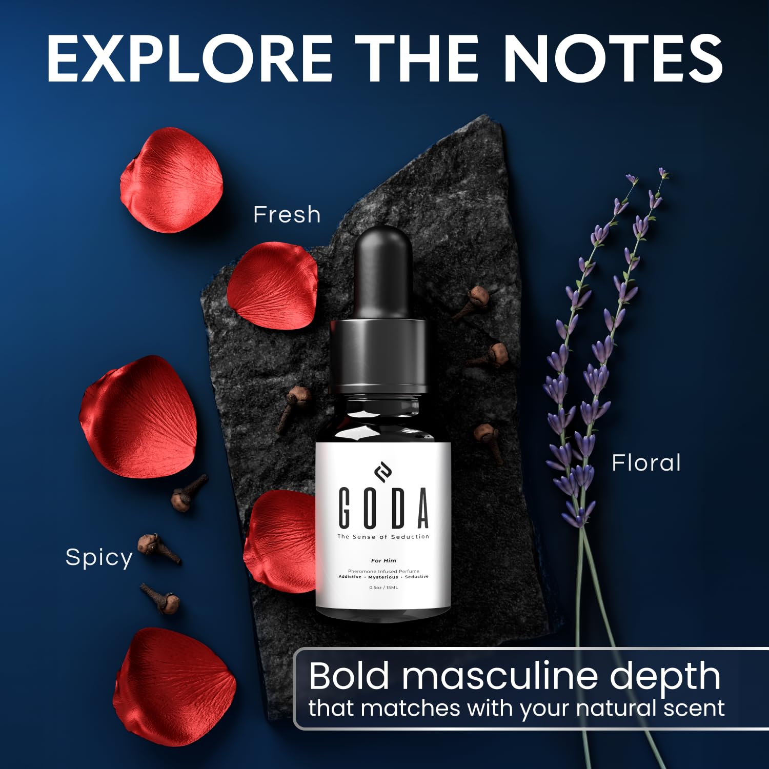 Close up of Goda Pheromones Cologne black glass dropper bottle