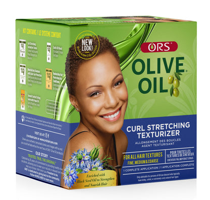 Back of package detailing instructions and exotic oil ingredients for ORS curl stretching system