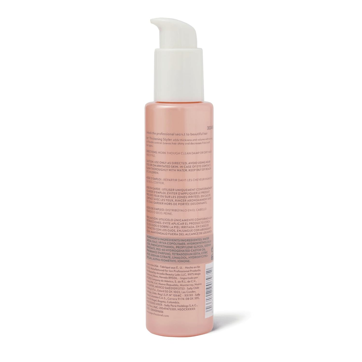 ION hair thickening liquid back label showing clear product description