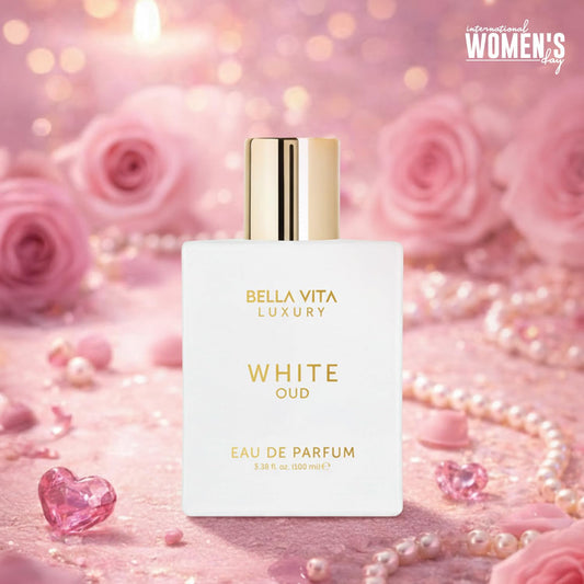 Close up of Bella Vita White Oud fragrance packaging