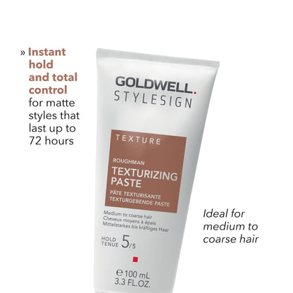 Side profile of imported Goldwell texturizing paste packaging for medium to coarse hair