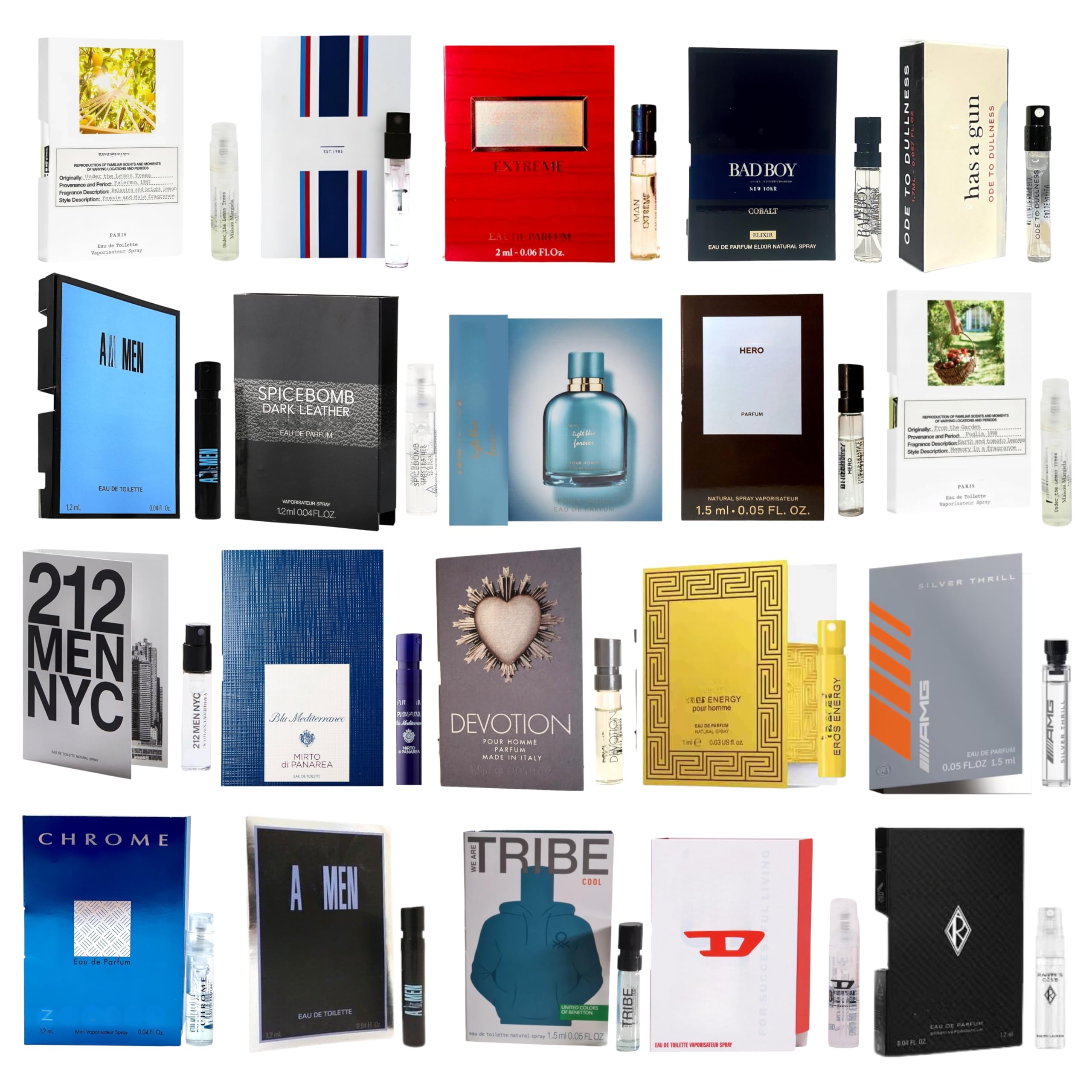 Assorted designer fragrance vials for men in travel pouch